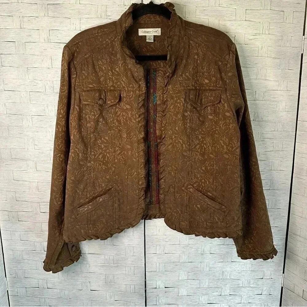 Coldwater Creek Brown Floral Roses Ruffled Hem Jacquard Jacket cottage core